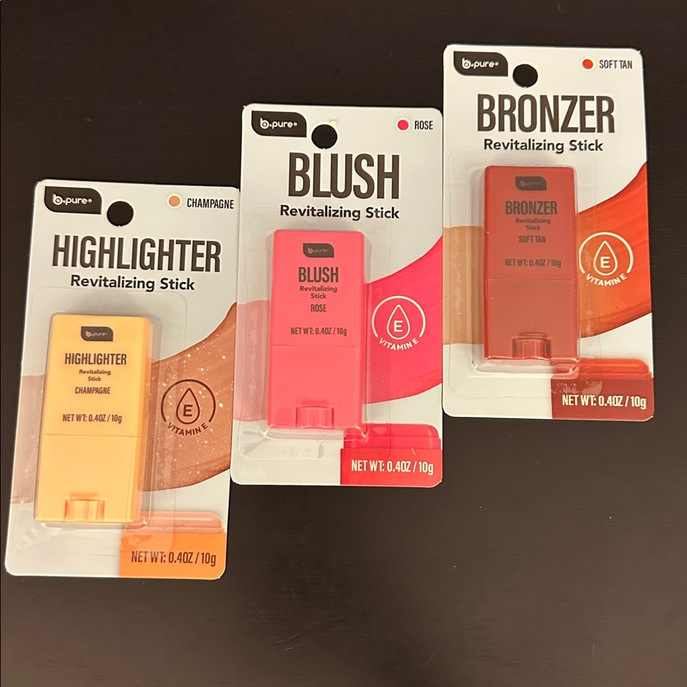 3 Bpure Revitalizing Stick Champagne Highlighter Rise Blush Soft Tan Bronzer